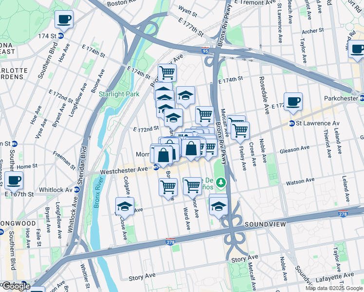 map of restaurants, bars, coffee shops, grocery stores, and more near 1226 Manor Avenue in Bronx