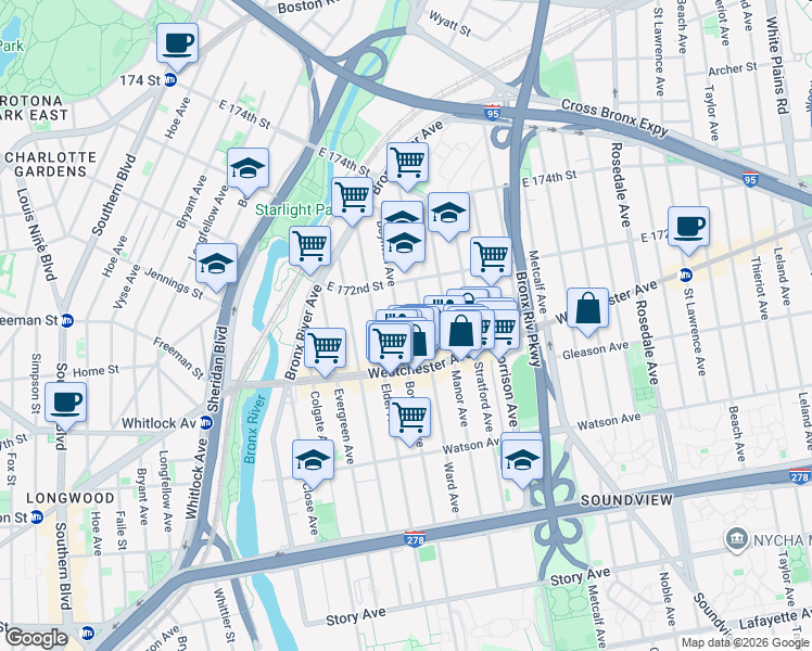 map of restaurants, bars, coffee shops, grocery stores, and more near 1235 Ward Avenue in Bronx
