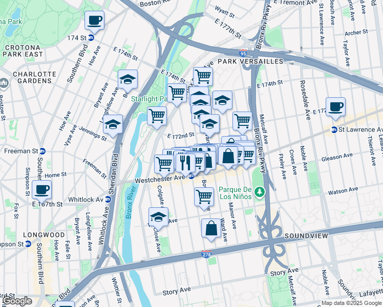 map of restaurants, bars, coffee shops, grocery stores, and more near 1238 Elder Avenue in Bronx