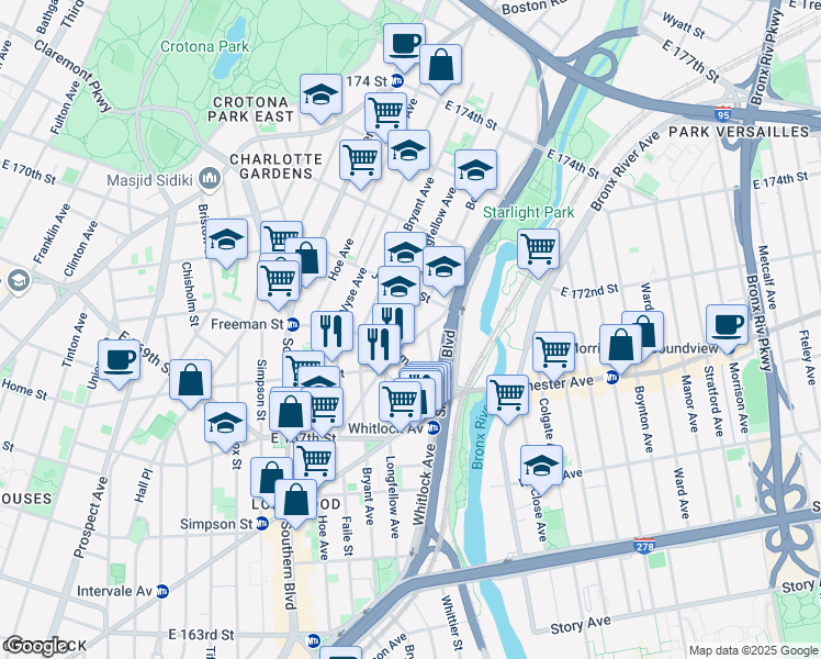 map of restaurants, bars, coffee shops, grocery stores, and more near 1315 West Farms Road in Bronx