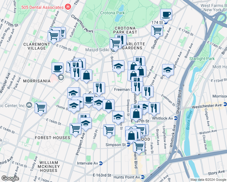 map of restaurants, bars, coffee shops, grocery stores, and more near 892 Freeman Street in Bronx