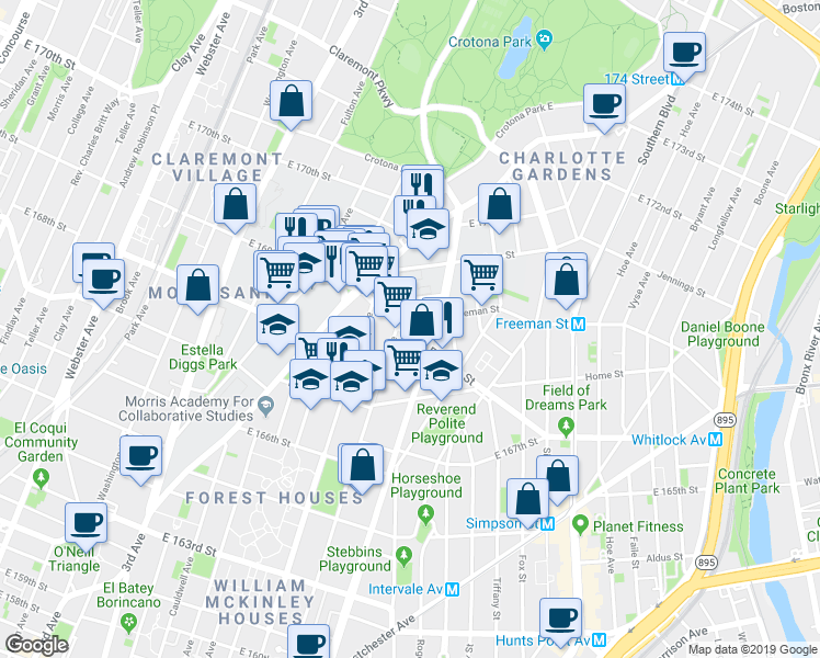 map of restaurants, bars, coffee shops, grocery stores, and more near 786 East 169th Street in Bronx