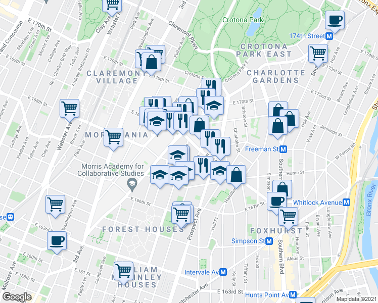 map of restaurants, bars, coffee shops, grocery stores, and more near 786 East 169th Street in Bronx