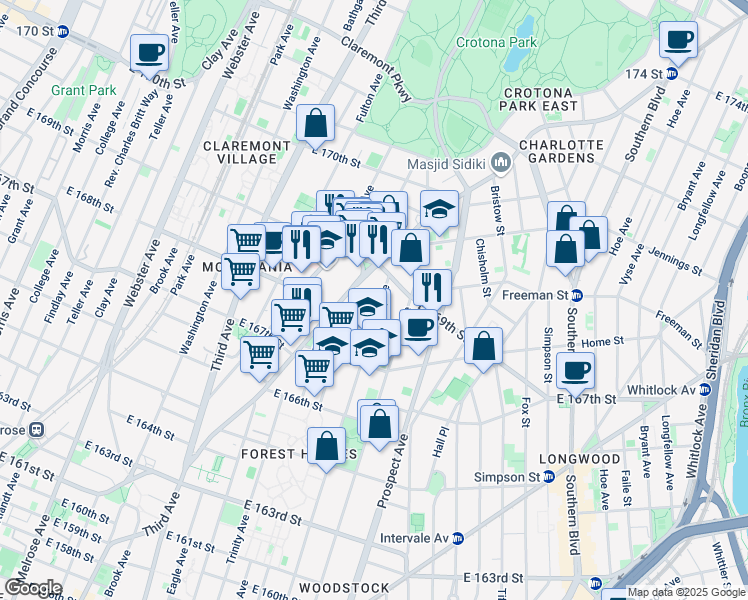 map of restaurants, bars, coffee shops, grocery stores, and more near 1225 Tinton Avenue in The Bronx