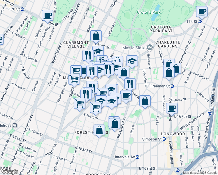 map of restaurants, bars, coffee shops, grocery stores, and more near 1225 Tinton Avenue in The Bronx