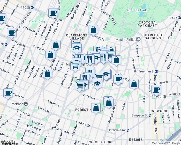map of restaurants, bars, coffee shops, grocery stores, and more near 1208 Franklin Avenue in Bronx