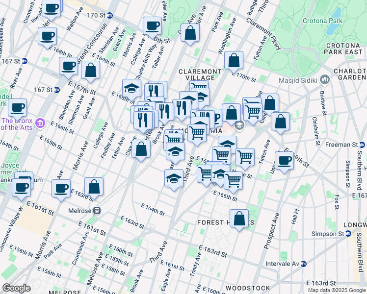 map of restaurants, bars, coffee shops, grocery stores, and more near 465A East 167th Street in Bronx