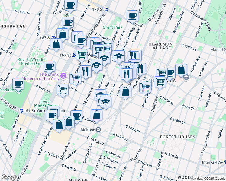 map of restaurants, bars, coffee shops, grocery stores, and more near 1109 Clay Avenue in The Bronx