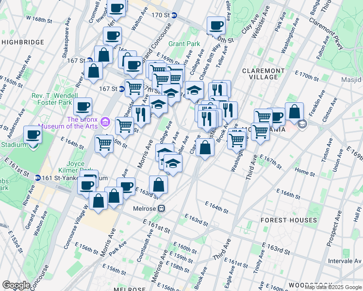 map of restaurants, bars, coffee shops, grocery stores, and more near 1109 Clay Avenue in The Bronx