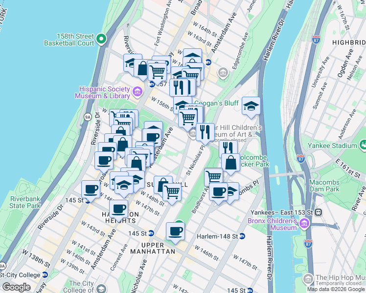 map of restaurants, bars, coffee shops, grocery stores, and more near 445 West 153rd Street in New York