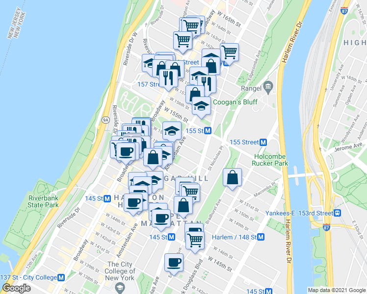 map of restaurants, bars, coffee shops, grocery stores, and more near 1850 Amsterdam Avenue in New York