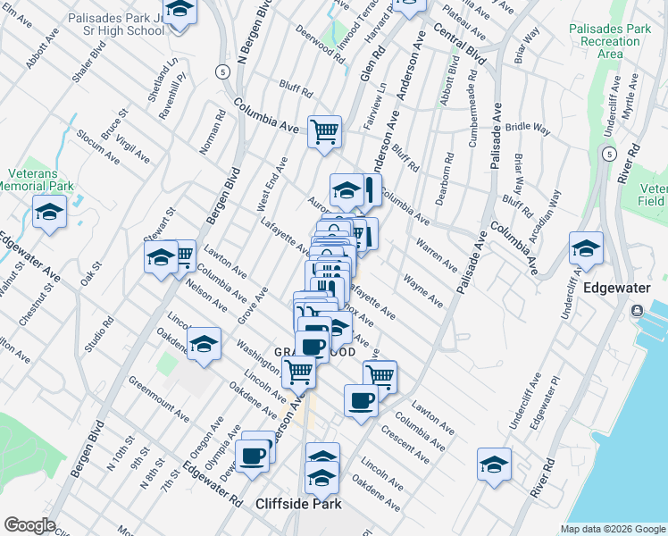 map of restaurants, bars, coffee shops, grocery stores, and more near 715 Anderson Avenue in Cliffside Park