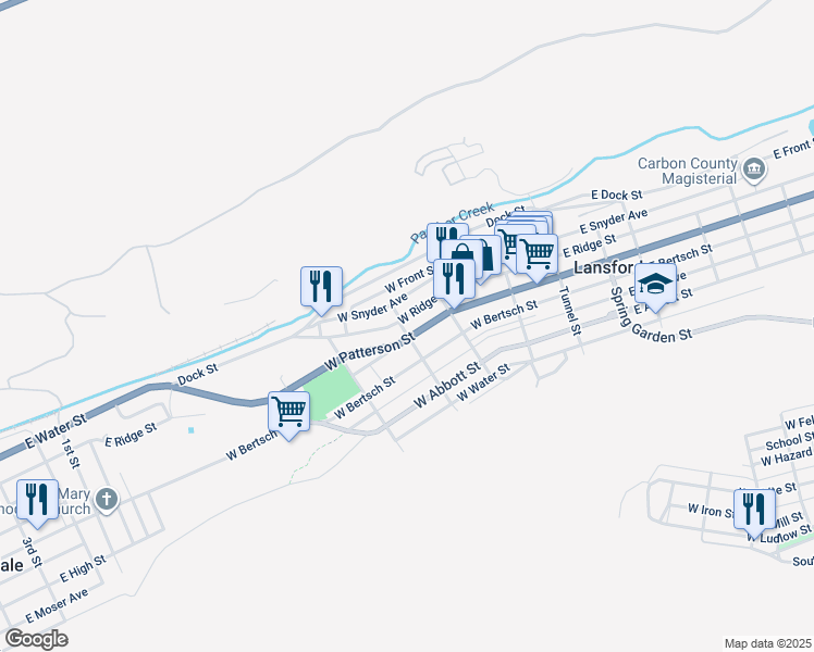 map of restaurants, bars, coffee shops, grocery stores, and more near 304 West Ridge Street in Lansford