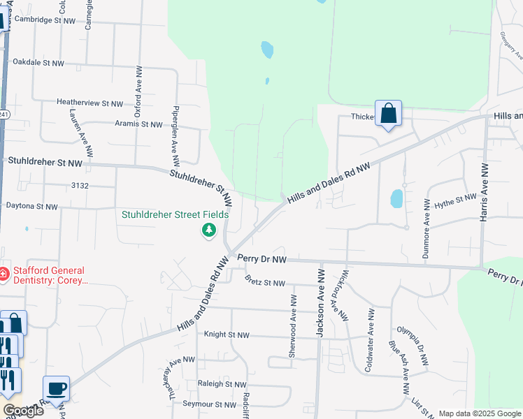 map of restaurants, bars, coffee shops, grocery stores, and more near 7253 Stuhldreher Street Northwest in Massillon
