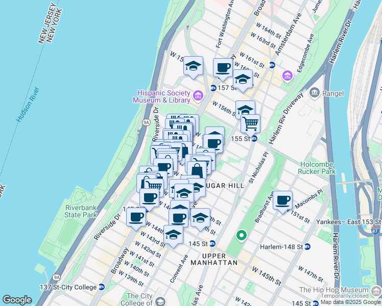 map of restaurants, bars, coffee shops, grocery stores, and more near 535 West 151st Street in New York