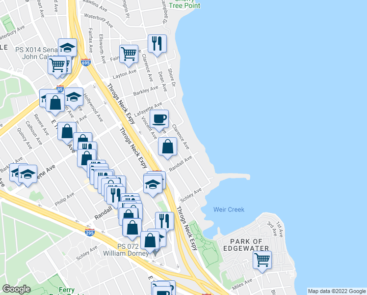 map of restaurants, bars, coffee shops, grocery stores, and more near 721 Clarence Avenue in Bronx