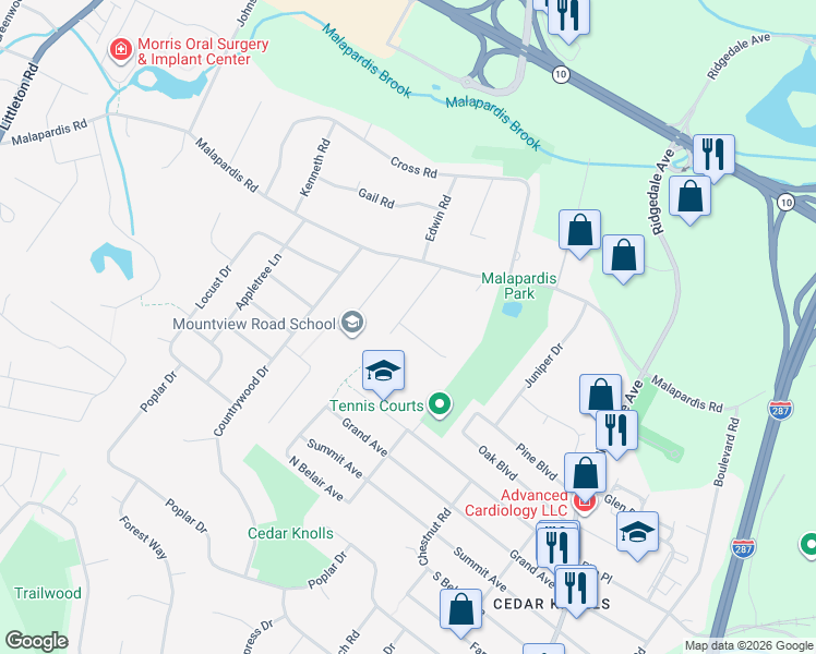 map of restaurants, bars, coffee shops, grocery stores, and more near 17 Parkside Drive in Hanover