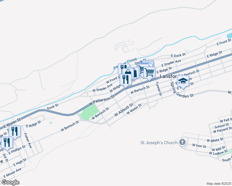 map of restaurants, bars, coffee shops, grocery stores, and more near 235 West Patterson Street in Lansford