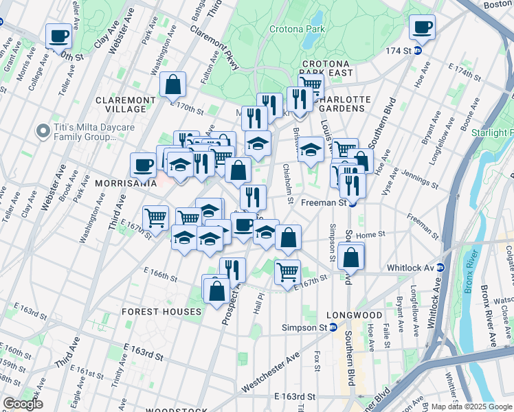 map of restaurants, bars, coffee shops, grocery stores, and more near 1347 Prospect Avenue in The Bronx