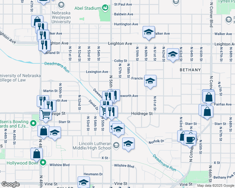 map of restaurants, bars, coffee shops, grocery stores, and more near 1701 North 57th Street in Lincoln