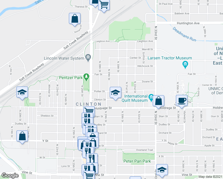 map of restaurants, bars, coffee shops, grocery stores, and more near 1700 North 29th Street in Lincoln