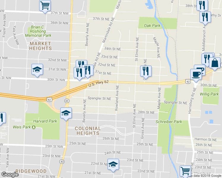 map of restaurants, bars, coffee shops, grocery stores, and more near 1209 Milford Place Northeast in Canton