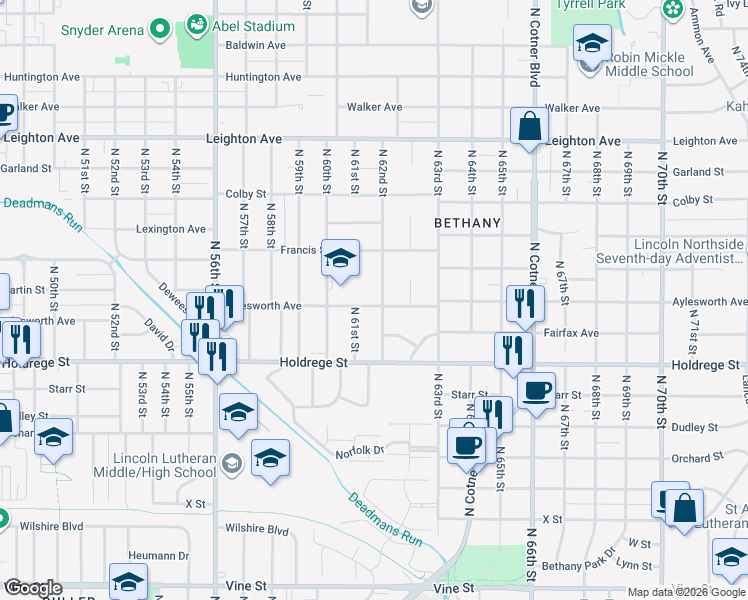 map of restaurants, bars, coffee shops, grocery stores, and more near 6140 Aylesworth Avenue in Lincoln