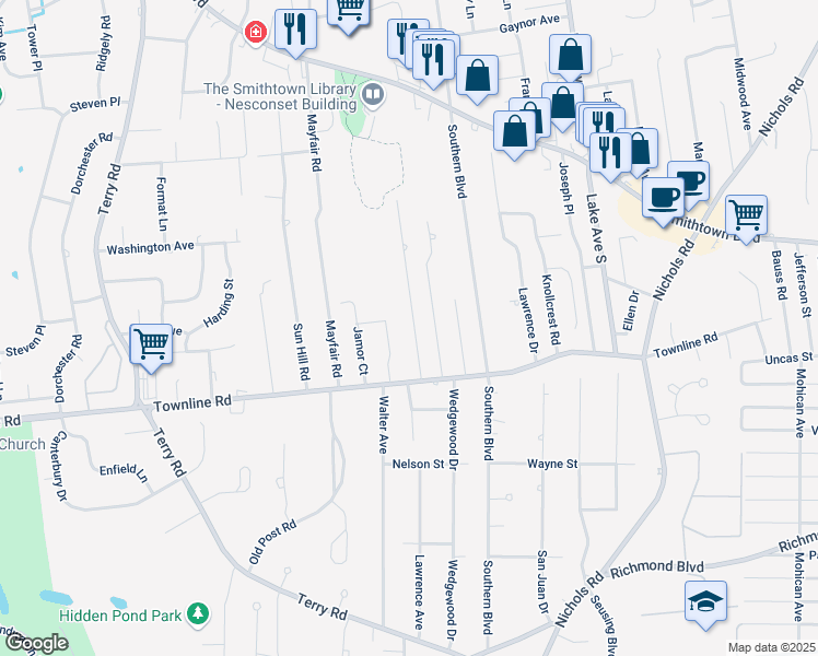 map of restaurants, bars, coffee shops, grocery stores, and more near 20 Pine Drive in Nesconset