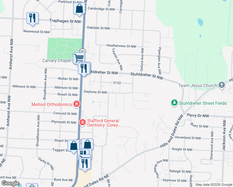 map of restaurants, bars, coffee shops, grocery stores, and more near 3319 Catalina Avenue Northwest in Massillon