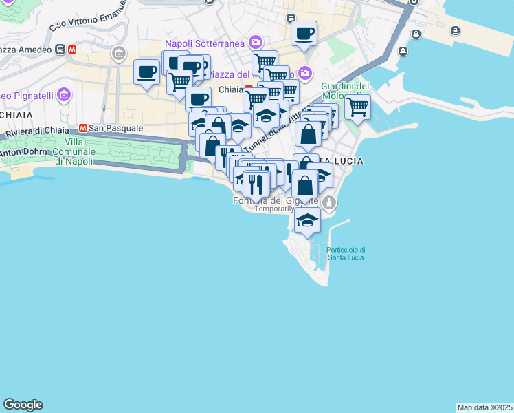 map of restaurants, bars, coffee shops, grocery stores, and more near 29 Via Partenope in Naples