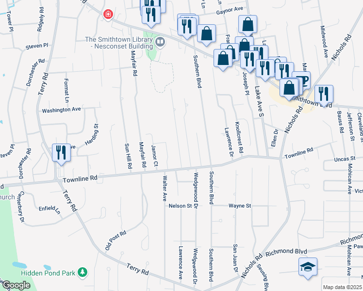 map of restaurants, bars, coffee shops, grocery stores, and more near 20 Pine Drive in Nesconset