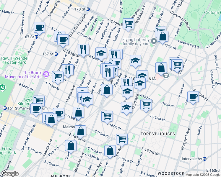 map of restaurants, bars, coffee shops, grocery stores, and more near 1135 Webster Avenue in Bronx