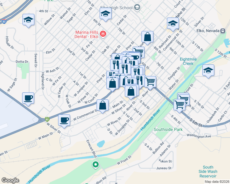 map of restaurants, bars, coffee shops, grocery stores, and more near 200 Idaho Street in Elko