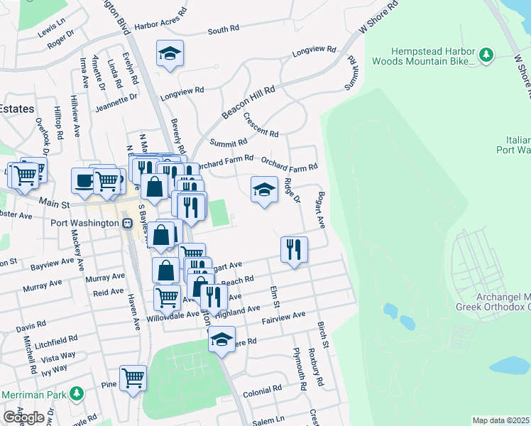 map of restaurants, bars, coffee shops, grocery stores, and more near 101 Campus Drive in Port Washington