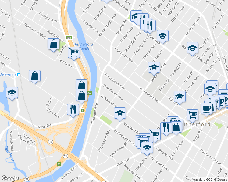 map of restaurants, bars, coffee shops, grocery stores, and more near 216 Woodward Avenue in Rutherford