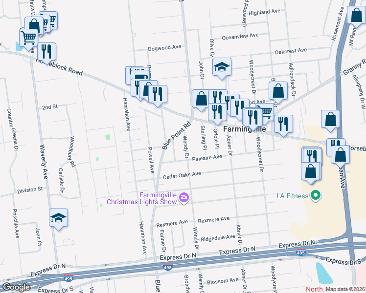map of restaurants, bars, coffee shops, grocery stores, and more near 18 Wendy Drive in Farmingville