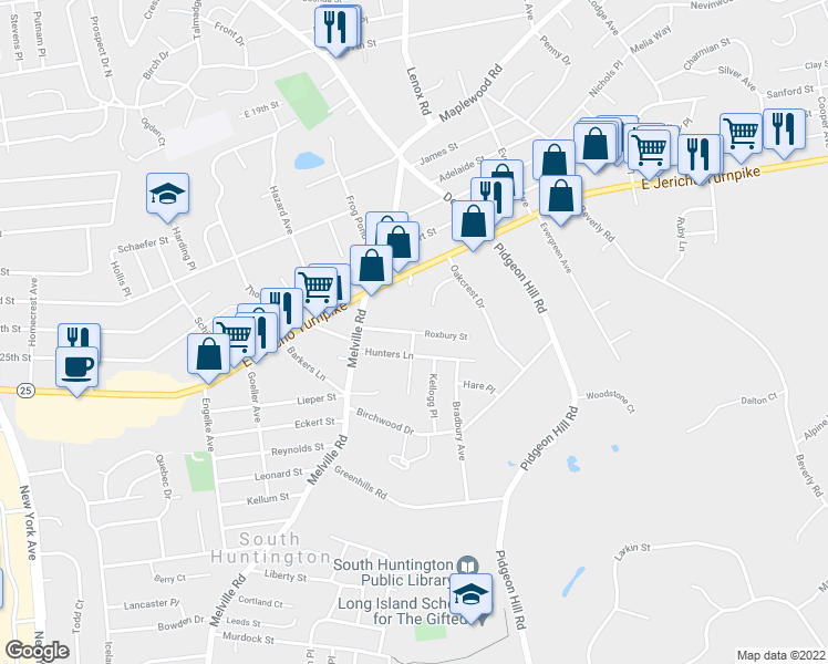 map of restaurants, bars, coffee shops, grocery stores, and more near Roxbury Street in South Huntington