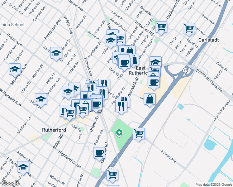 map of restaurants, bars, coffee shops, grocery stores, and more near 199 Van Winkle Street in East Rutherford