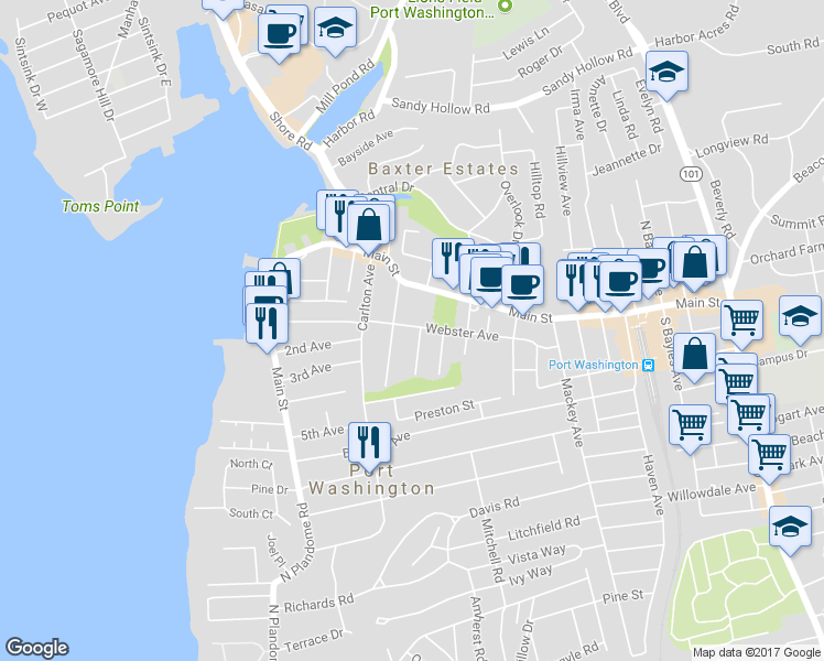 map of restaurants, bars, coffee shops, grocery stores, and more near 2 Adams Street in Port Washington