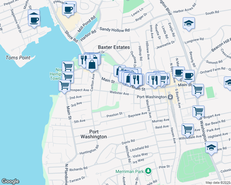 map of restaurants, bars, coffee shops, grocery stores, and more near 1 Jefferson Street in Port Washington
