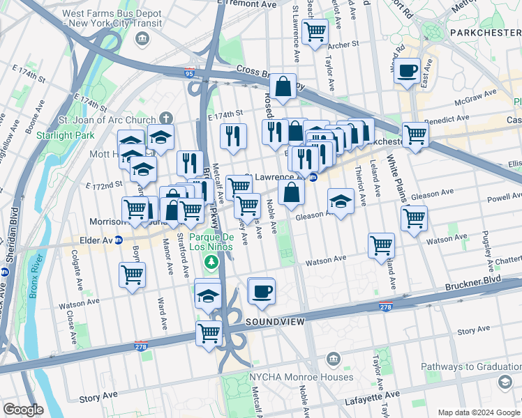 map of restaurants, bars, coffee shops, grocery stores, and more near 1700 Wchester Avenue in Bronx