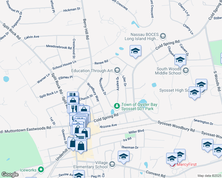 map of restaurants, bars, coffee shops, grocery stores, and more near 6 Laurel Lane in Syosset