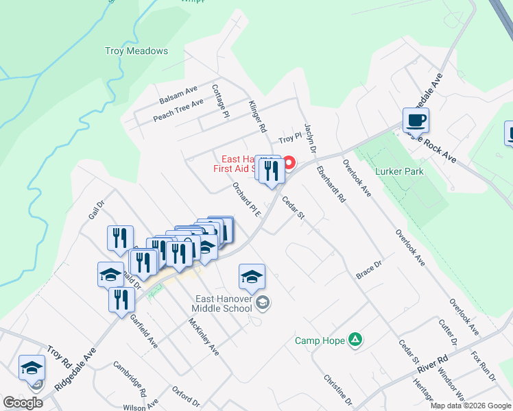 map of restaurants, bars, coffee shops, grocery stores, and more near 5 Orchard Place East in East Hanover