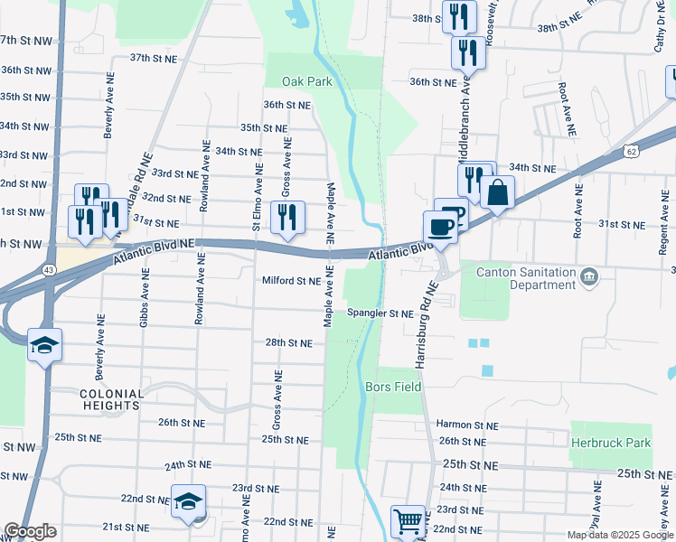 map of restaurants, bars, coffee shops, grocery stores, and more near 2968 Maple Avenue Northeast in Canton