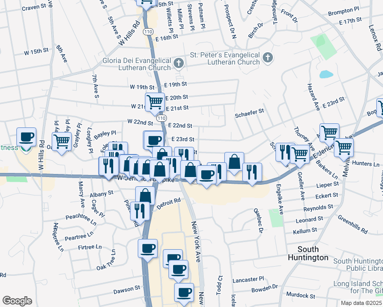 map of restaurants, bars, coffee shops, grocery stores, and more near 27 East 24th Street in Huntington Station