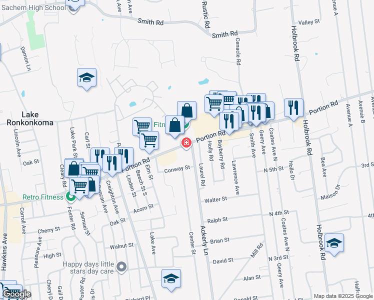 map of restaurants, bars, coffee shops, grocery stores, and more near in Lake Ronkonkoma