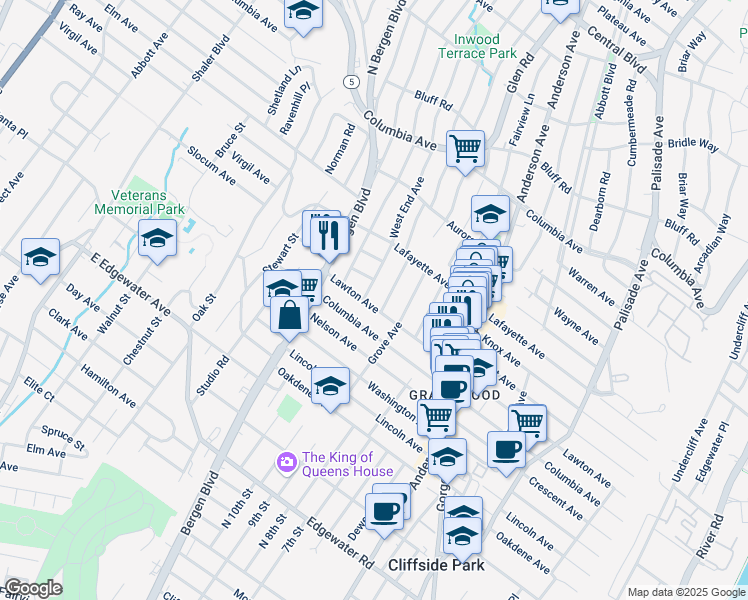 map of restaurants, bars, coffee shops, grocery stores, and more near 447 Lawton Avenue in Cliffside Park