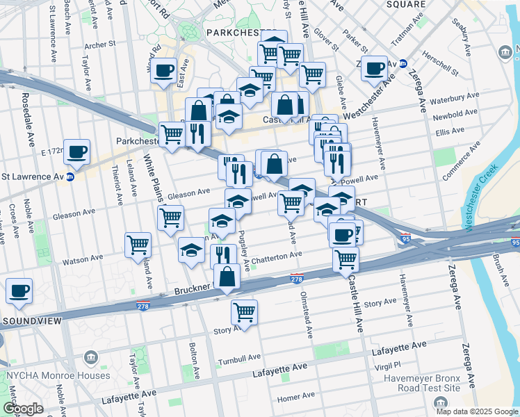map of restaurants, bars, coffee shops, grocery stores, and more near 2033 Haviland Avenue in Bronx
