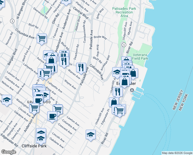 map of restaurants, bars, coffee shops, grocery stores, and more near 189 Kensington Drive in Fort Lee