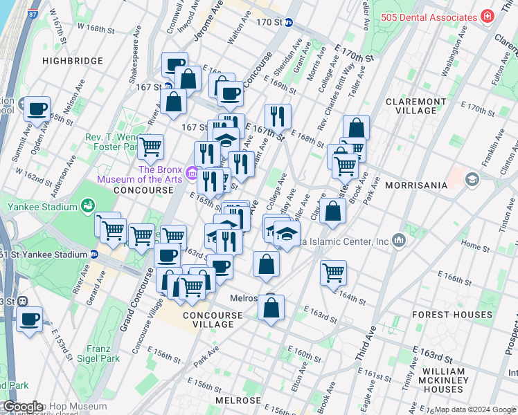 map of restaurants, bars, coffee shops, grocery stores, and more near 1064 Morris Avenue in Bronx